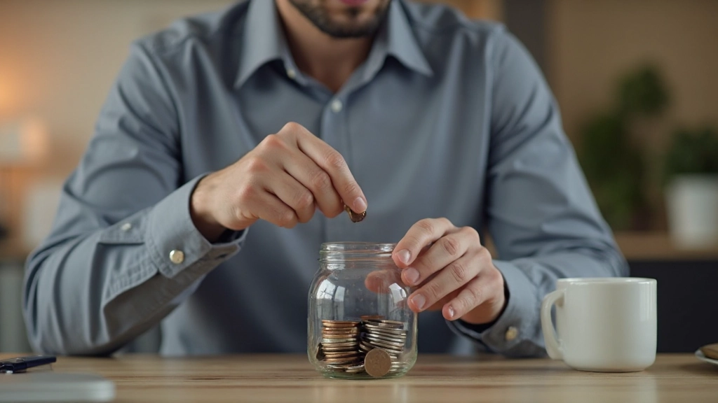 Профессиональное фото человека с копилкой и монетами, демонстрирующее накопление средств
