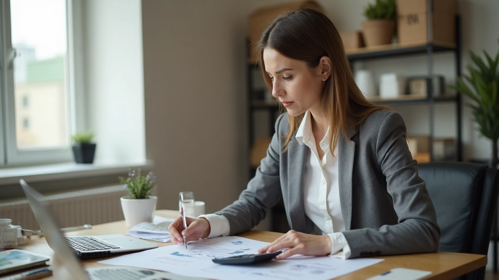 Профессиональное фото рабочего стола с ноутбуком, блокнотом и финансовыми документами для планирования бюджета
